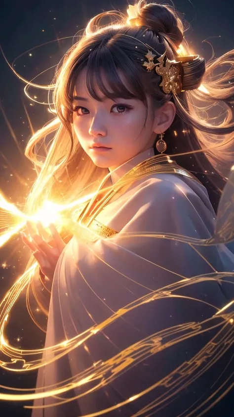 (((8k))), (((High resolution))),((Highest quality)),Beautiful Shrine Maiden,shrine,Upper body only,Close-up of face,beam from right hand,battle mode, gold sparkling aura swirling around the body,fog,mystic atmosphere,Serious face,Ultra-realistic,8k,Ultra-f...