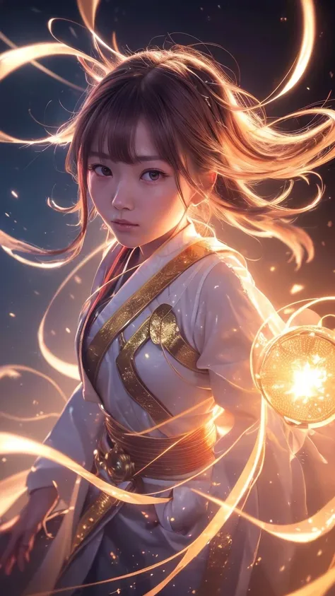 (((8k))), (((High resolution))),((Highest quality)),Beautiful Shrine Maiden,shrine,Upper body only,Close-up of face,beam from right hand,battle mode, gold sparkling aura swirling around the body,fog,mystic atmosphere,Serious face,Ultra-realistic,8k,Ultra-f...