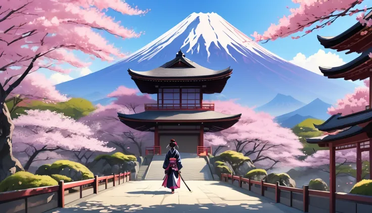 Female samurai、cherry blossoms、Japanese Gardens、Fuji Mountain、Anime Style