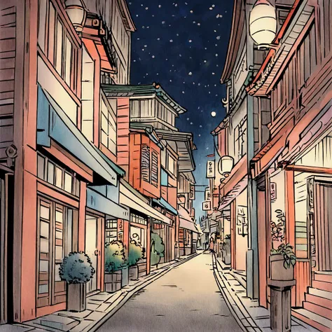 Japanese downtown area, night, woman, colored pencil style