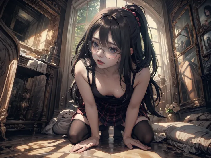 A foolish decision，High resolution，（masterpiece：1.4），Hyper Detail，Red long hair, One Girl, Glasses, alone, Red eyes,, White Thailand, Pleated checkered red skirt, , Zombie Role Playing，Cozy rooms（1.2），Zombie Apocalypse，Zombie outbreak，Rising to the Head（1....