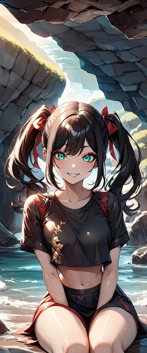 Photo of a girl with natural skin, ((Baby Face)), Grinning, Round face, A girl wearing mainly black and red, Upper Body, Seaside cave, The light is shining in, High Twintails, Black hair with red mesh, Sharp eyes with red eyeshadow, Blue-green eyes, Shinin...