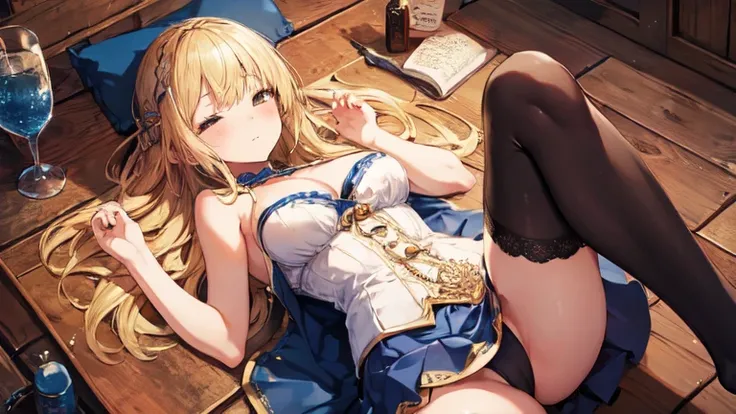 super high quality, Super detailed, Ultra-clear, medieval tavern, one person, long blonde hair, sleep, Swimsuit, Clothes with intricate details, mini skirt, Stockings