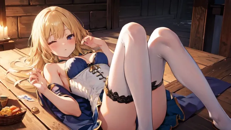 super high quality, Super detailed, Ultra-clear, medieval tavern, one person, long blonde hair, sleep, Swimsuit, Clothes with intricate details, mini skirt, Stockings