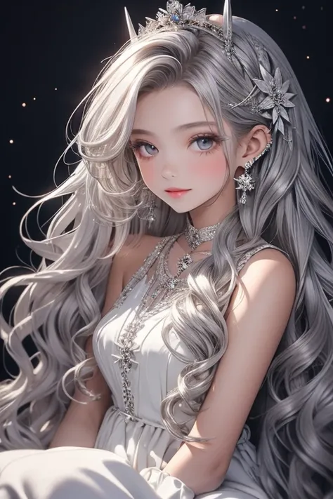 Rich girl with long silver hair，Slightly curly hair，Diamond hairpins in the hair，Dress
