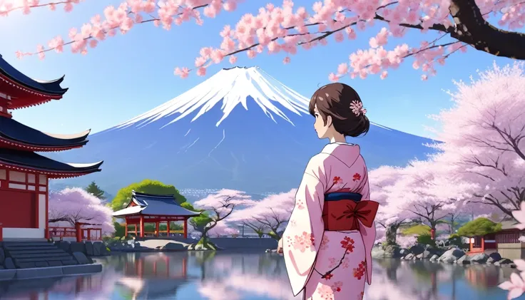 Woman in kimono,Background is cherry blossoms and Japanese temple and garden、Fuji Mountain、