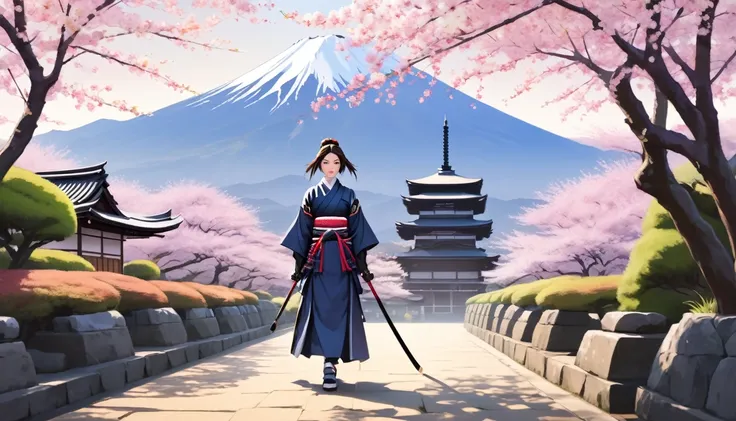 Female samurai,Background is cherry blossoms and Japanese temple and garden、Fuji Mountain、