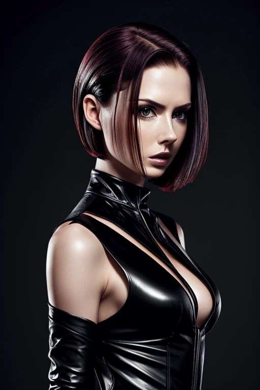 Gorgeous european woman with short hair, wet hair, hair slicked back, combed straight back, slick hair, streaked black hair, seductive pose, karen gillan, dressed as a sexy sith, cleavage, solid dark grey background