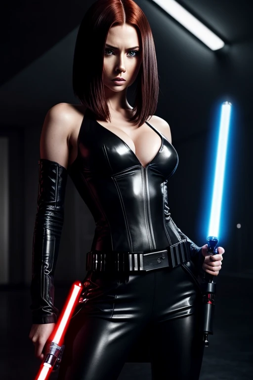 Gorgeous european woman with short hair, wet hair, hair slicked back, combed straight back, slick hair, streaked black hair, seductive pose, karen gillan, dressed as a sexy sith, lightsaber, cleavage, solid dark grey background