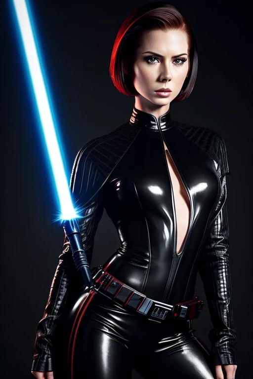 Gorgeous european woman with short hair, wet hair, hair slicked back, combed straight back, slick hair, streaked black hair, seductive pose, karen gillan, dressed as a sexy sith, lightsaber, cleavage, solid dark grey background