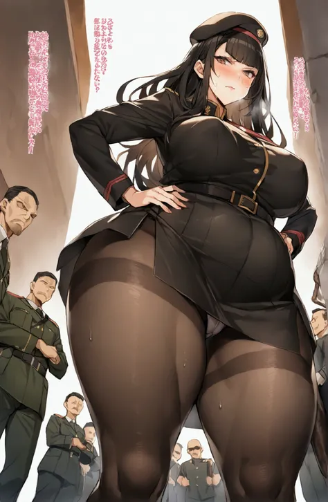 一人のwoman性、Many people々々、美woman、soldier、military base、woman性soldier、crowd、jet black military uniform、beret、Short tight skirt、soldier、40 years old、Model standing、Hands on hips、Looking down at the viewer, Long Hair、Swing the whip、Man being tortured、bangs, Hig...