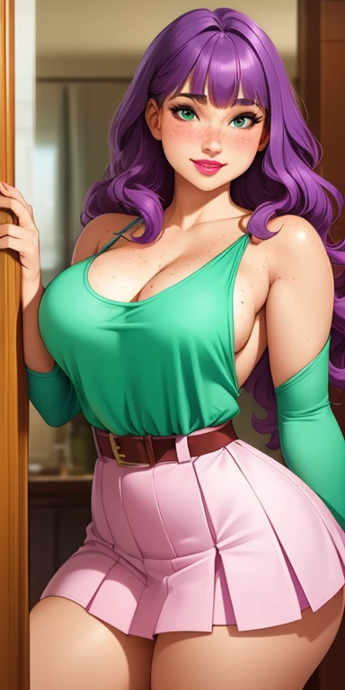 Beautiful medium breasts, 1girl, ((purple hair, wavy hair with bangs)) ((beautiful girl)) light green eyes, has an beautiful sensual body with freckles, with full breasts and thin waist, HIP HOP Beautiful and cute Long pleated skirt, red long-sleeved tank ...