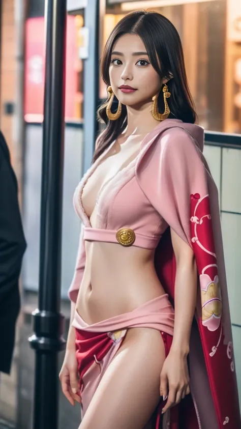 Moisturized Skin、(Pink and bright eyes),(Condescending to people)、Perfect body、
BREAK,
(Beautiful navel),(Side slits),(Epaulettes), Cape, Crop top,Cape,
BREAK,
(Super long hair),(Large gold curved earrings:1.2),
BREAK,
(((masterpiece+Highest quality+High r...