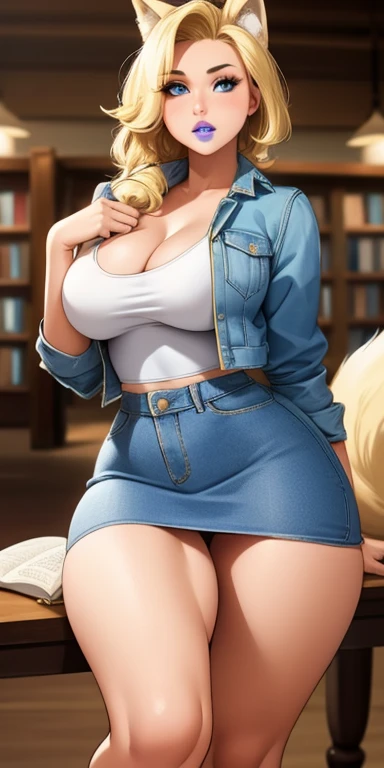 Big Breasts, 1girl, ((blonde hair)) ((wolf girl)) light blue eyes, has an extremely sexy body, with full breasts and thin waist, and an extremely sexy body, HIP HOP style short denim, denim jacket medium skirt fabric delicate, has a bold appearance. young,...