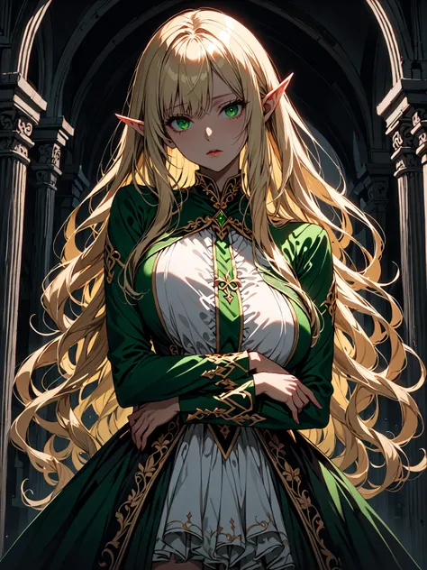 Elf, blonde, pointed ears, green eyes, light skin, fit, sinister atmosphere, hugging, looking at viewer, large breasts, long hair, harsh shadows, yandere, 1 feminine roof make,1 female elf, luxurious clothes