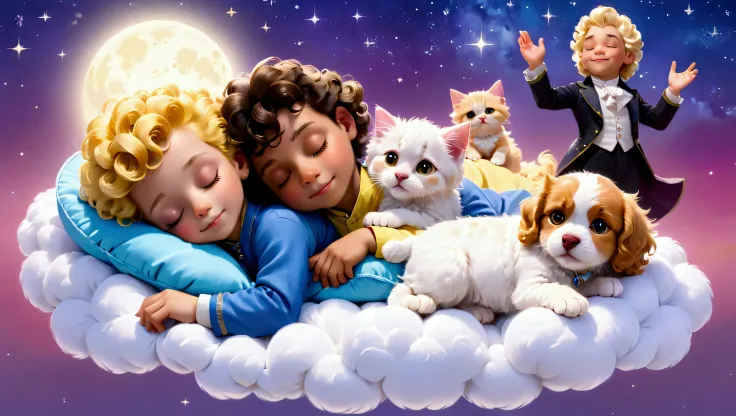 an image of a blond 5 year old boy with yellow curly hair, sleeping with a lhaza apso puppy, white with caramel spots on the eye...