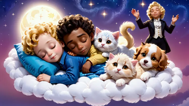 an image of a blond 5 year old boy with yellow curly hair, sleeping with a lhaza apso puppy, white with caramel spots on the eye...