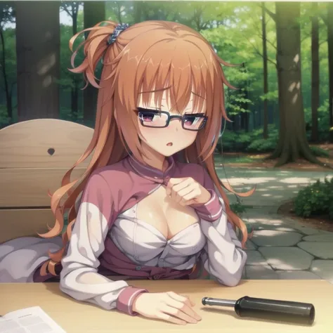 (Tabletop:1.0), (highest quality:1.4), (High resolution:1.2), From the side,Sharp contours,  boyish, highest quality, masterpiece,Glasses,Voice of the Heart,20-year-old woman,yandere,Big Breasts,Chest to chest,Lying face down,Upper Body,Ecstasy,blush,Squin...