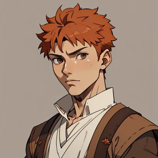 (masterpiece), (best quality),(portrait),(bust up),1boy,solo,(sharp focus),((look at viewer)),(orange hair),young boy,short hair,(ancient:1),ancient luxurious long clothes,old school fantasy art,(farmer outfit),((simple background)),gray background,(shirou...