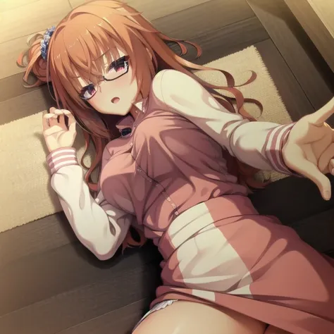 (Tabletop:1.0), (highest quality:1.4), (High resolution:1.2), From the side,Sharp contours,  boyish, highest quality, masterpiece,Glasses,Voice of the Heart,20-year-old woman,yandere,Big Breasts,Chest to chest,Lying face down,Upper Body,Ecstasy,blush,Squin...