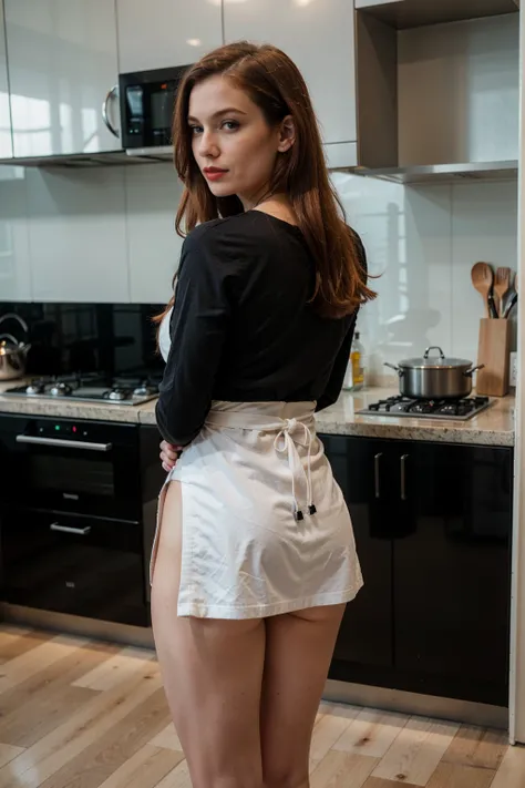 ((best quality)), ((masterpiece)), (detailed), medium length ginger hair, beautiful eyes, detailed eyes, pale skin, looking confident, casual,, with an air of superiority, (random freckles:0.2), cleavage, curvy, black t-shirt, long apron, full body shot, k...