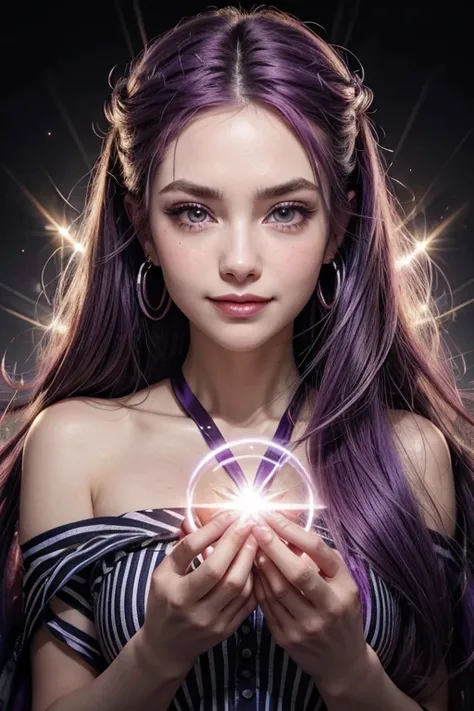 Woman holding a written logo Cratera Shop, streaked hair, purple hair, gradient hair, hair spread out, hair ribbon, sparkling eyes, eyebrows behind hair, longeyelashes, solid circle eyes, crystal earrings, makeup, grin, bright pupils, Minimalism, American ...