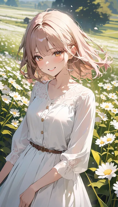 super detail, best quality, a woman ,　Full smile, Light-colored, neat clothing,　An atmosphere of joy ,Flower Field