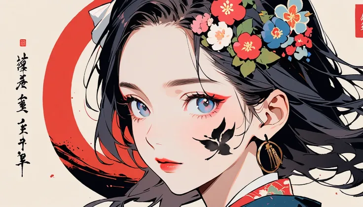 (((Ink Painting))), Fashion portrait color photos, (((1 girl))), (((Tattoo on face))), (((Gorgeous hair accessories))), Japanese style headphones, face close-up, Japan人の美少女, Black Hair, Delicate and precise, Modern ukiyo-e style,Japan, Japanese flag