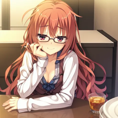 (Tabletop:1.0), (highest quality:1.4), (High resolution:1.2), From the side,Sharp contours,  boyish, highest quality, masterpiece,Glasses,Voice of the Heart,20-year-old woman,yandere,Big Breasts,Chest to chest,Lying face down,Upper Body,Ecstasy,blush,Squin...