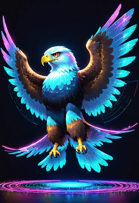 digital graphic cg art, huge hawk with a dignified face and wings spread, 2.5d, delicate and dynamic, iridescent neon effects, a...