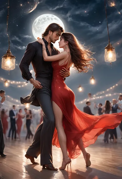 a masterpiece, stunning detail, an action shot, low angle, (top quality)), ((masterpiece)), a long hair girl, transparent long red dress, dance tango with a man, lamps, brown hair, shirt, black hair, 1boy, cleavage, jewelry, tango, hetero, multiple couples...