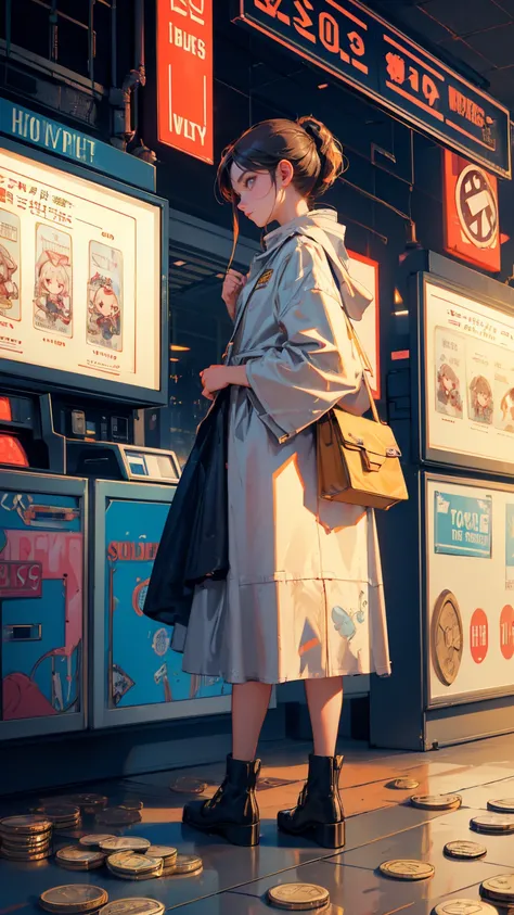 A girl holding up an advertising sign board that says "buy high, sell low".looks like  sad, exhausts Hopeless Ruined  ,  2 piggy banks standing around her, The background has broken stock market chart and small coins placed around her, full girl in image, ...