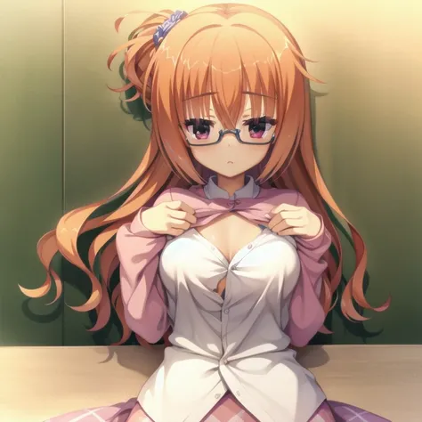 (Tabletop:1.0), (highest quality:1.4), (High resolution:1.2), From the side,Sharp contours,  boyish, highest quality, masterpiece,Glasses,Voice of the Heart,20-year-old woman,yandere,Big Breasts,Chest to chest,Lying face down,Upper Body,Ecstasy,blush,Squin...