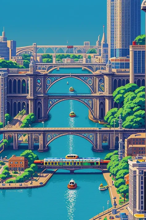 Help create pixel art images with cities, trains, and blue tones.
