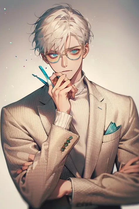 ((Masterpiece, Highest Quality)), Detailed Face, male, white sweater, turquoise eyes, (((Top Quality))), Short hair, Shaved whiskey,Spits, white colored hair, Stylish glasses