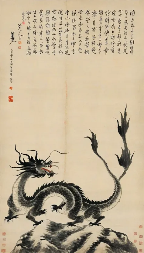 Chinese landscape painting,High resolution,No humans,A dragon with wings spread and breathing fire,the art of chinese calligraphy,Asian Artwork,Traditional Chinese Painting,ink A dragon with wings spread and breathing fire drawing,calligraphy,parchment,Ver...