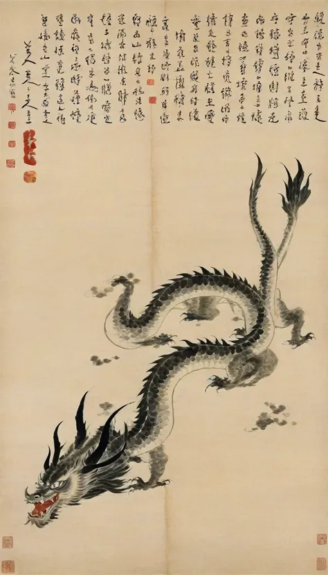 Chinese landscape painting,High resolution,No humans,A dragon with wings spread and breathing fire,the art of chinese calligraphy,Asian Artwork,Traditional Chinese Painting,ink A dragon with wings spread and breathing fire drawing,calligraphy,parchment,Ver...