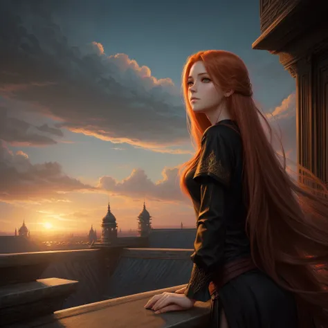 (high quality, ArtStation, Relax Art, fantasy style:1.2), (A beautiful girl, from side), (long messy ginger hair), (black shirt), (palace rooftop, evening)