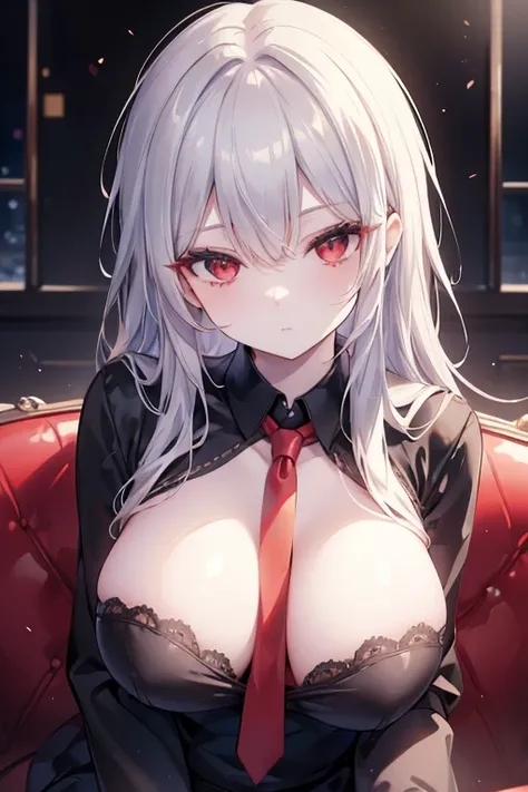 Beautiful caucasian woman, (black_shirt, red tie), solo, (mature woman:1.2), (pixiv:1.1), skinny, (red eyes), detailed eyes, black eyeshadow, (silver hair), hair clips, (wavy hair, hair strands, messy hair), collarbone, (beautiful round breasts), sitting o...