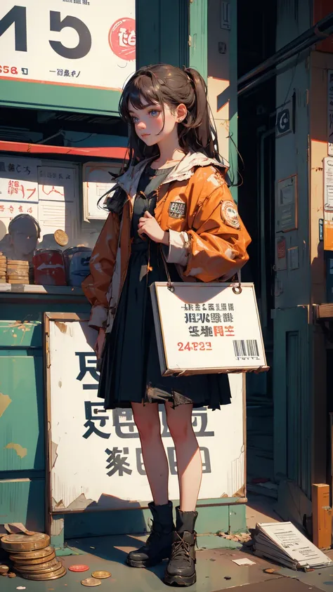 A devastated  girl holding up an advertising sign board that says "buy high, sell low". looks like sad, exhausted , Hopeless Ruined , 2 piggy  standing around her, The background has broken stock market chart and small coins placed around her, full girl in...