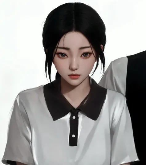 Anime girl with black hair and white shirt looking at camera, Realistic anime style, Made with Anime Painter Studio., Inspired by Sim Sa Jung, Artwork in the style of gouache, Drawing in Anime Painter Studio, Realistic art style, Inspired by Ma Yuanyu, Rea...