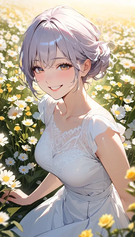 super detail, best quality, a woman ,　Full smile, Light-colored, neat clothing,　An atmosphere of joy ,Flower Field,Mature Woman