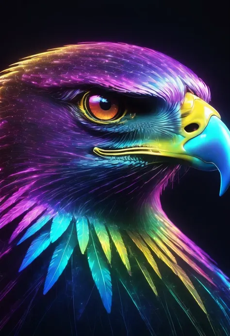 digital graphic cg art, huge hawk with a dignified face and wings spread, 2.5d, delicate and dynamic, iridescent neon effects, a...