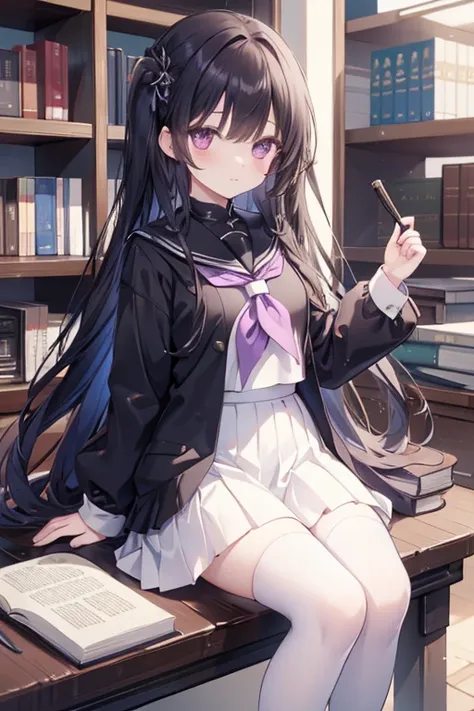 1girl in,Eru Sentanda, The long-haired, A dark-haired, student clothes, Purple Eye, White shirt, knee high, White socks, pleatedskirt, bangss, Black sailor color, neckerchief, Black skirt, long-sleeve, book library, sitted,