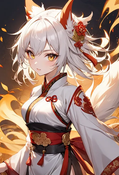 1 woman,Fox Devil,Wear ancient Chinese clothes,white hair,golden eyes