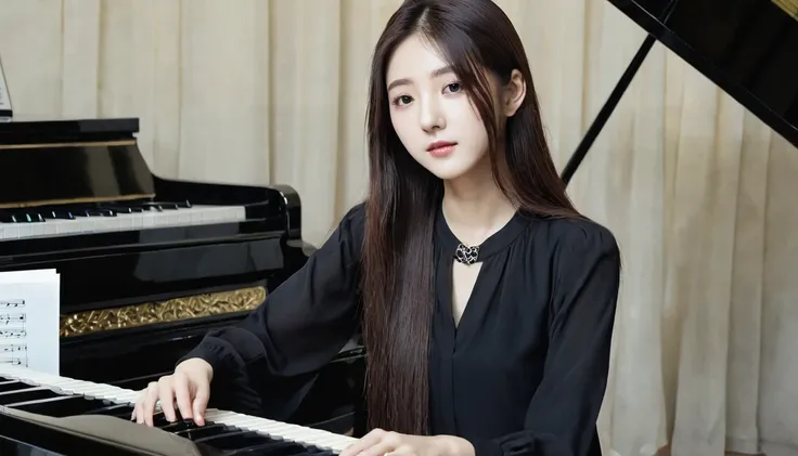 long hair korean girl with black blouse and white luck sitting playing black piano