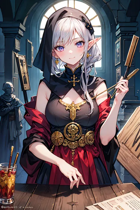 Highest quality,masterpiece,masterpiece portrait,Intricate details,Magnificent Light,Fantasy,Dungeons & dragon,Retro,priest,Dark Elf,One girl,Wooden table,Shoulder strap,Grey Skin,Elegant smile,squint,Close-up portrait of a Mycenaean Drow woman wearing gol...