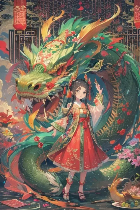 One girl, masterpiece, Highest quality, Make friends with the Chinese dragon, fun, Happy, bright, long,