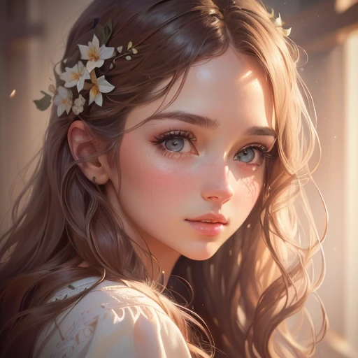 a girl in a simple style, painterly style, beautiful detailed eyes, beautiful detailed lips, extremely detailed eyes and face, long eyelashes, beautiful flowing hair, soft lighting, warm color palette, natural background, (best quality,4k,8k,highres,master...