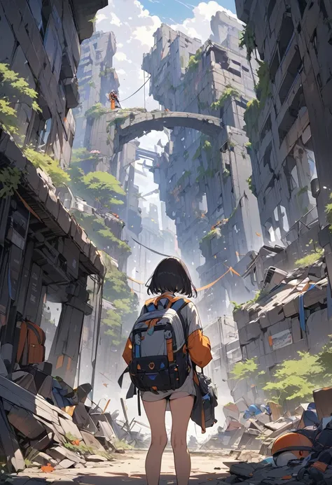 Heading to the Natural Ruins、Explorer。A big backpack full of stuff、Dangerous area、((masterpiece,Highest quality)),One girl,Beautiful attention to detail,Short Hair、Dynamic composition